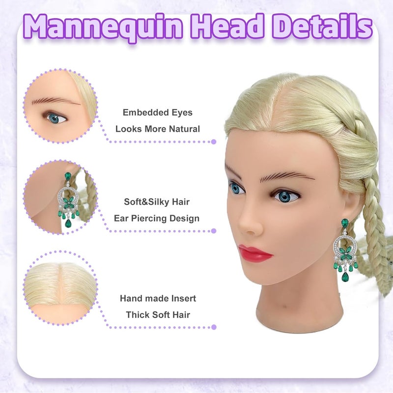 Firstwon Mannequin Head Human Hair- Cosmetology Manikin Doll Head with 80% Real Hair for Hairdresser Practice Styling Braiding & Free Clamp Holder (#613 Blonde) - Image 2